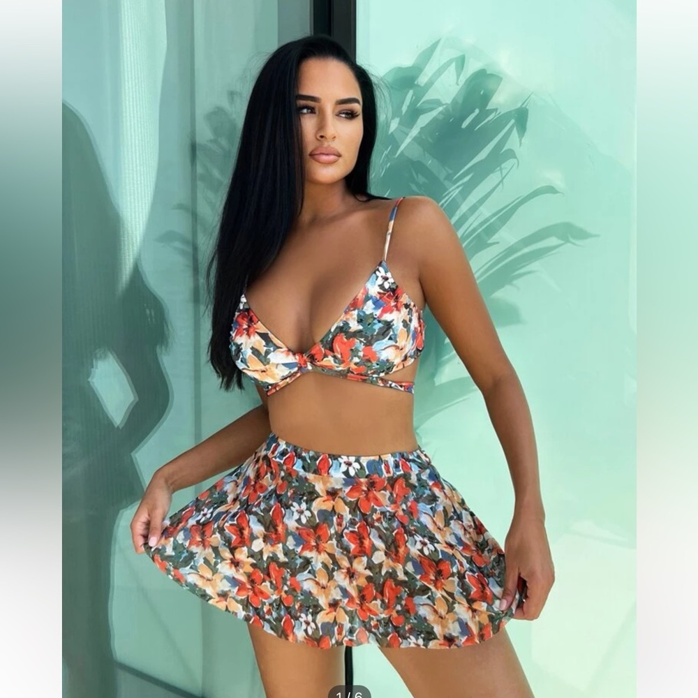 Floral Print Knot Front Bikini Swimsuit With Beach Skirt